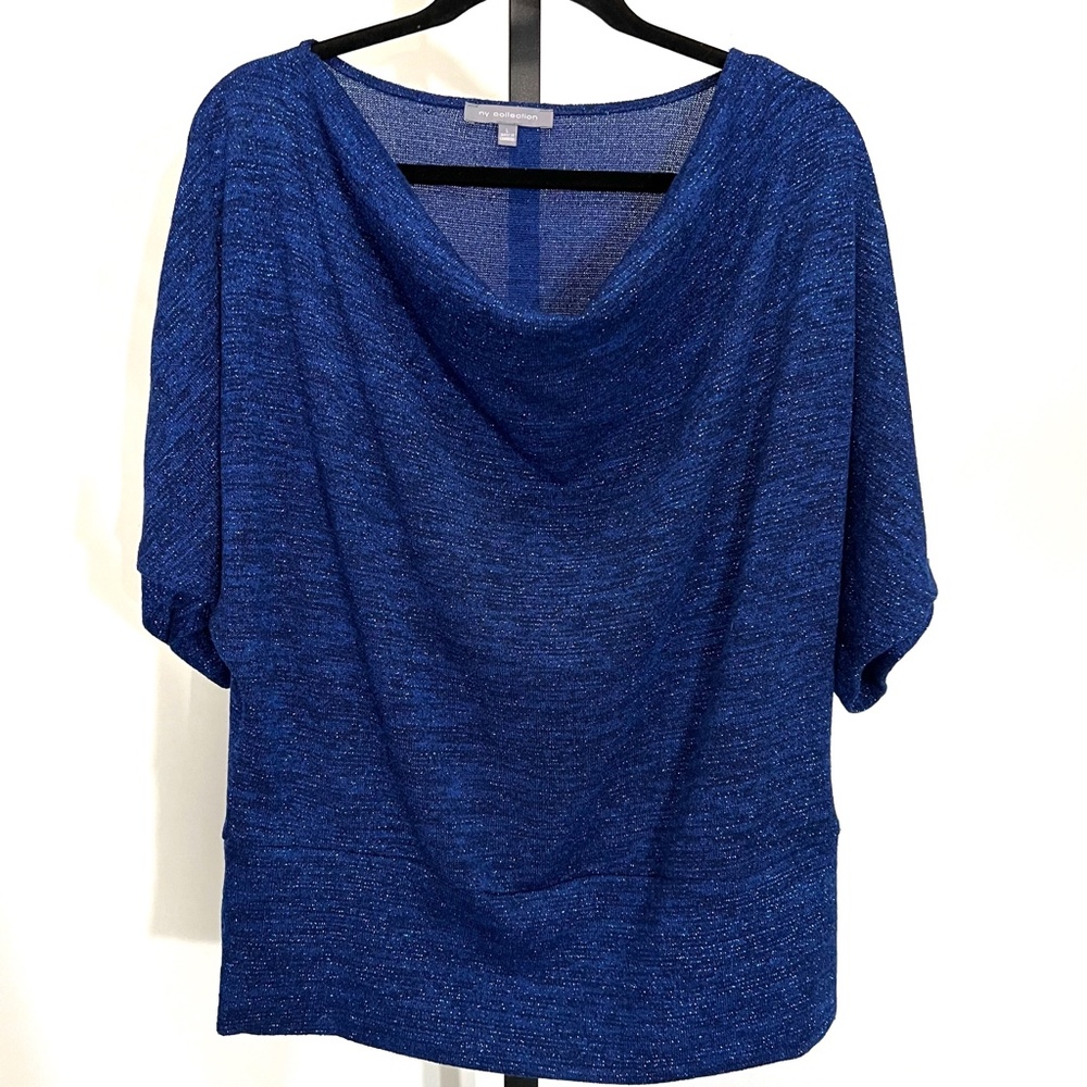 NY COLLECTION Elegant Blue Sparkle Drape Neckline Blouse Top Size L (Large)